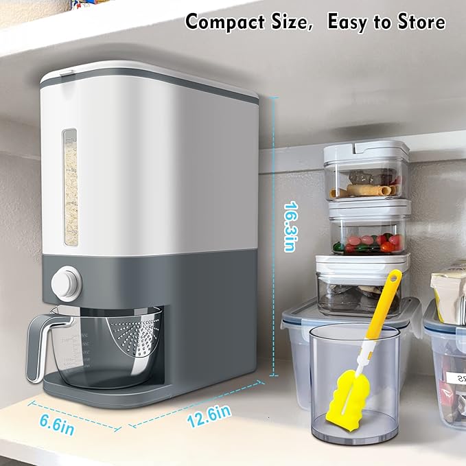 Rice Dispenser, 22-25 Lbs Rice Container with Measuring Cup, Upgraded Built-in Fresh Box, Cereal Dispenser Storage with Lids for Home Kitchen Pantry Rice Soybean Corn-Grey