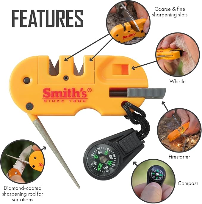 Smith’s 50364 Pocket Pal X2 Sharpener & Outdoors Tool – Yellow – Coarse and Fine – LED Light – Fire Starter – Signal Whistle - Compass