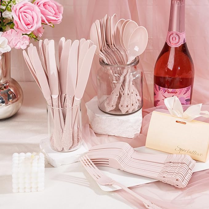 WDF 120 Pieces Heavy Duty Pink Plastic Cutlery Set - Disposable Utensils - Disposable Flatware Includes 40 Forks, 40 Spoons, 40 Knives for Party Baby Shower Wedding Spring Easter