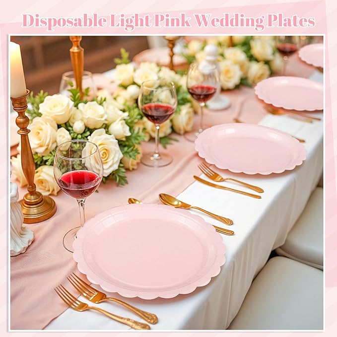 30 Pcs Pink Paper Plates 9 Inch Scalloped Pink Party Plates Cute Birthday Dessert Cake Plate for Easter, Baby Bridal Shower, Wedding, Mothers Day