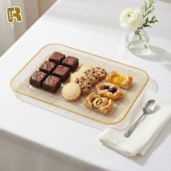 3 Pack Gold Glitter Plastic Serving Trays for Party - Gold Glittered Serving Tray 8 x 11 Inch - Heavy Duty Dessert Trays for Food - Rectangular Party Serving Trays for Entertaining