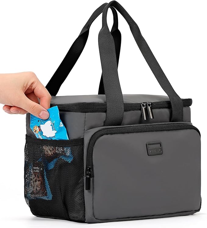 ZEEMO Insulated Lunch Bag for Men Women, Cooler with Adjustable Shoulder Strap, Leakproof Box for Work, Picnic, Medium Size, Grey