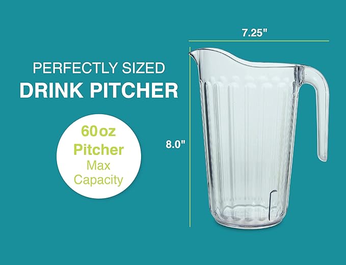 Arrow Home Products Clear Plastic Pitcher, 60 Ounce - Space-Saving Stackable Design - Fill with Ice Water, Beer or Juice - Ideal for Bars and Restaurants - Made in the USA, BPA Free, Dishwasher Safe