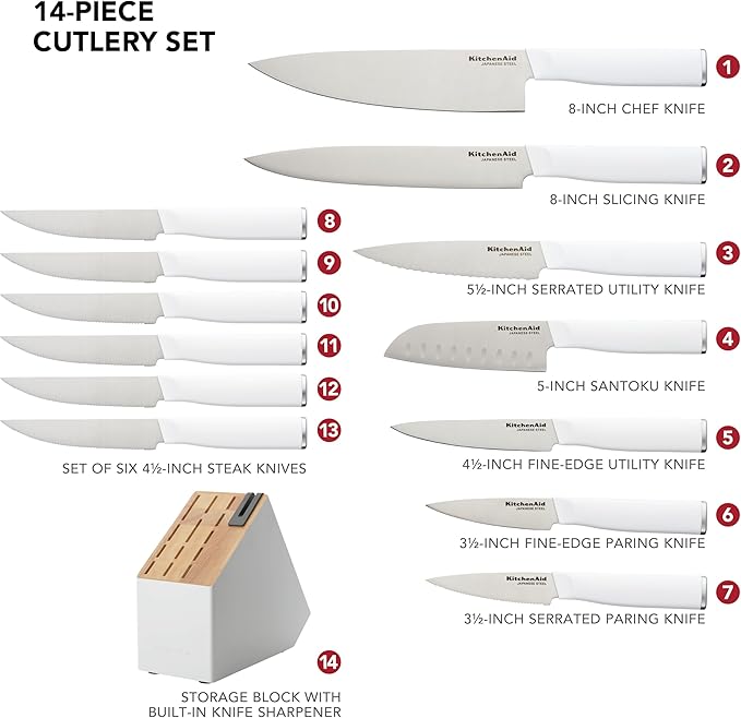 KitchenAid Classic Slim Knife Block Set with Built-In Knife Sharpener, High Carbon Stainless Steel Kitchen Knives, Sharp Kitchen Knife Set with Block, 14-Piece, White