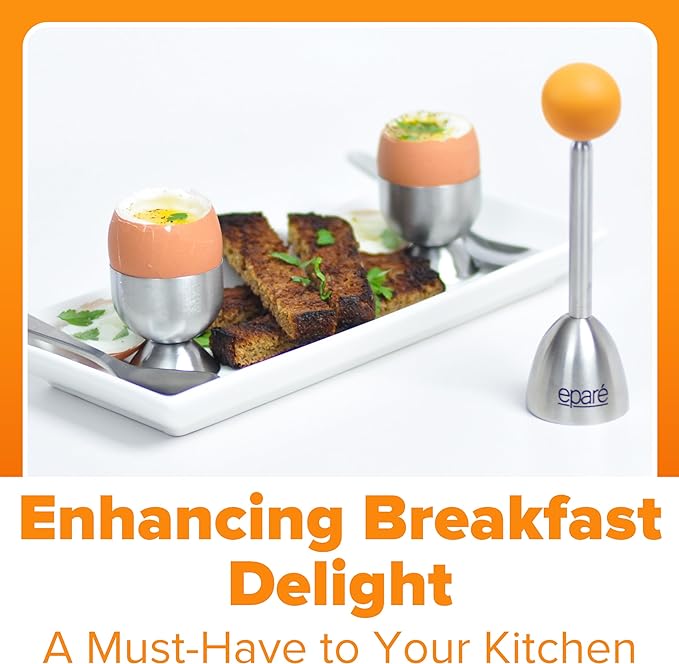 Eparé Egg Cups for Soft Boiled Eggs with Spoons & Egg Timer - Stainless Steel Egg Topper - Durable Egg Opener Topper Cutter - Giftable Egg Cracker Tool for English Breakfast