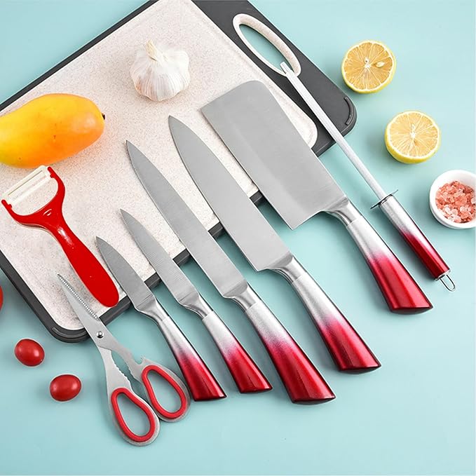 Red Professional 9-Piece Kitchen Knife Set with Acrylic Block, Non-Stick Sharp Stainless Steel Chef Knives, Sharpener