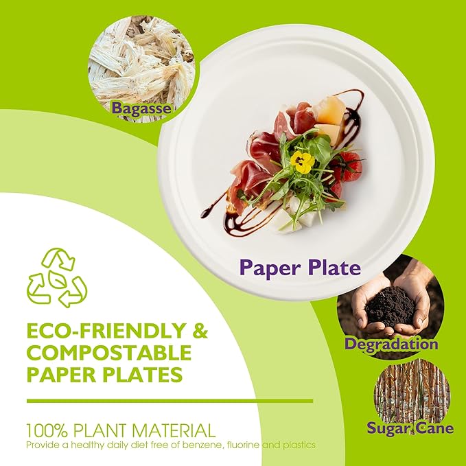 Compostable Paper Plates 10 Inch 500 Pack, Biodegradable Disposable Plates Heavy Duty White Plates, Made of Natural Sugarcane Bagasse, Unbleached Round Dinner Plates