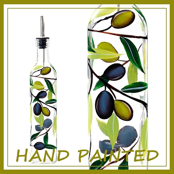 17oz Hand Painted Glass Olive Oil Bottle Dispenser- 500ml Green Oil & Vinegar Cruet with Pourers - Olive Oil Carafe Decanter for Kitchen (olive1)