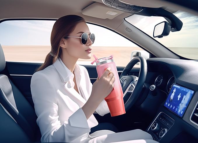 Meoky 40 oz Tumbler with Handle and Straw, Insulated Tumbler with Lid and Straw, Stainless Steel Travel Mug, Keeps Cold for 34 Hours, 100% Leak Proof, Fits in Car Cup Holder (Flamingo)