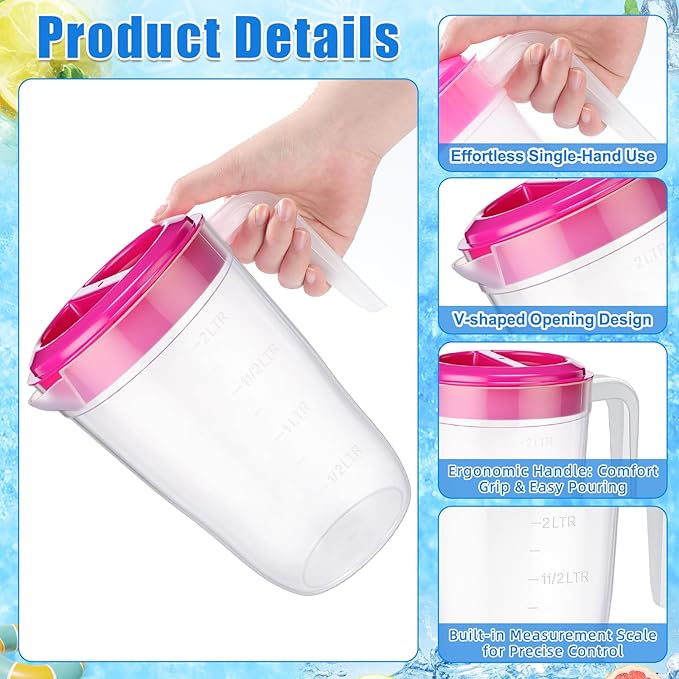 LemonRoad 6 Pcs 2 L Plastic Pitcher with Lid Water Iced Tea Pitchers Drink Container with Twist Cover Tea Jug for Fridge for Water Juice and Fridge Storage, Dishwasher and Freezer Safe(Clear)