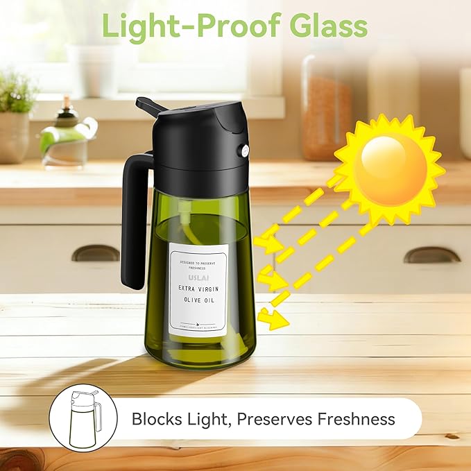 USLAI Oil Sprayer for Cooking, 16oz/470ml 2 in 1 Glass Olive Oil Dispenser Bottle for Kitchen, Air Fryer, BBQ and Salad - Green