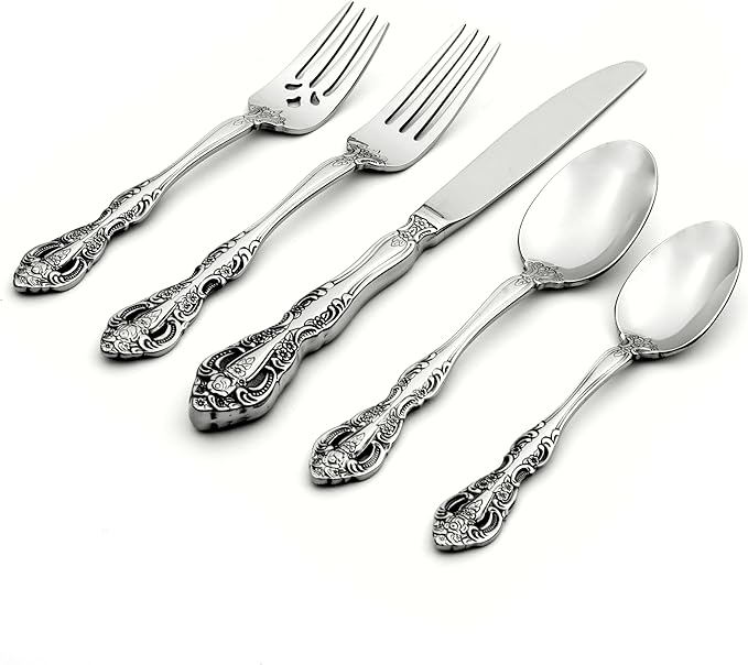 Oneida Silverware Set For 4, Michelangelo 20-Piece Fine Flatware Set, Service For 4, Heavyweight 18/10 Stainless Steel, Mirror Finish, Dishwasher Safe, Knives Spoons & Forks Sets (Silver, 20 Piece)