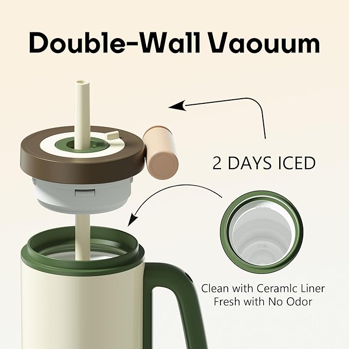 Tumbler with Handle,36 oz Ceramic Lined Travel Mug Water Bottle with Straw,Vacuum Insulated Stainless Steel Cup with Lid,Fits Cup Holder, Leak Resistant Press-in Lid,White