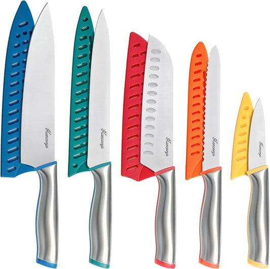 Knife Set, 11 Pcs Kitchen Knives Set, Enduring Razor-Sharp German High Carbon Stainless Steel Chef Knife Set with 5 Blade Guards, Perfect Holiday Gifts for Kitchen