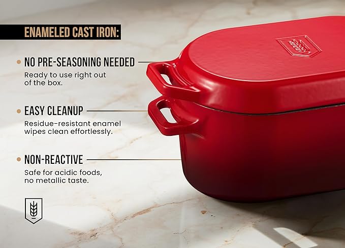 KooK Enameled Cast Iron Dutch Oven for Sourdough Bread Baking - 3.4 Qt Pot with Lid for Even Heat Distribution - Includes Silicon Bread Sling and Recipe Book for Home Bakers