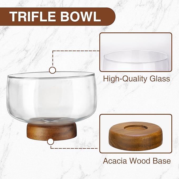 NiHome 123oz Large Glass Trifle Bowl with Elegant Acacia Wood Stand, Versatile Serving Dish for Cakes, Salads, Desserts, Stylish Display for Parties, Weddings, Special Occasions, Durable Easy to Clean