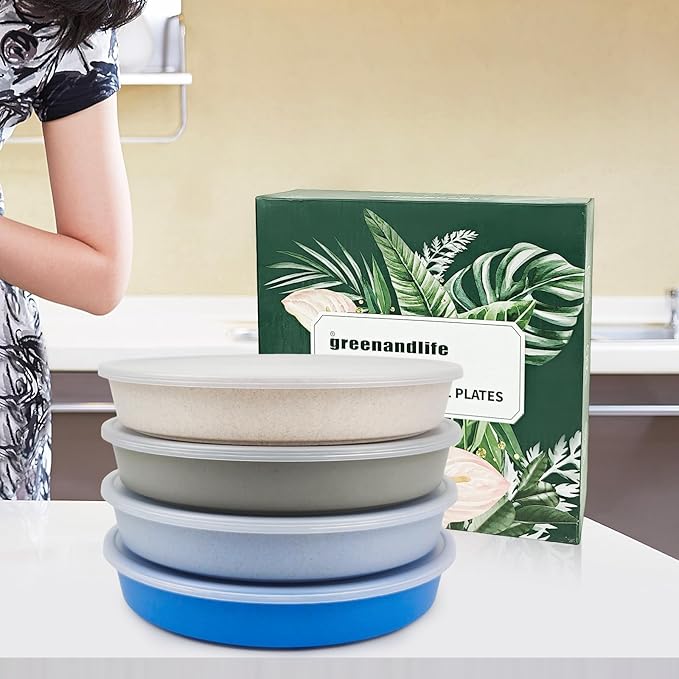 greenandlife 9 Inch 4PCS Divided Plates with Lids, Portion Control Plates for Kids Adults, Dishwasher Microwave Safe Compartment Plate, Unbreakable Lightweight Reusable Wheat Straw Plate, Blue