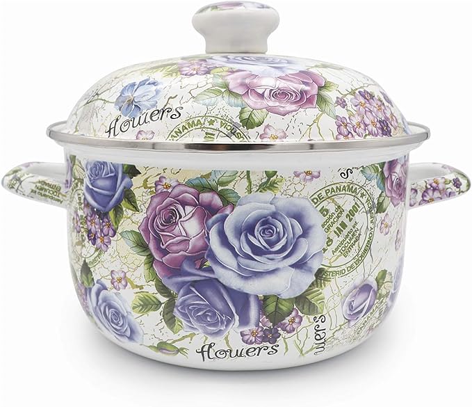 Enamel Stockpot with Lid, 2.5 Quart Retro Cooking Pot, Vintage Floral Stew Bean Simmer Pot with Handle, Kitchen Soup Pot,Retro Classic Design