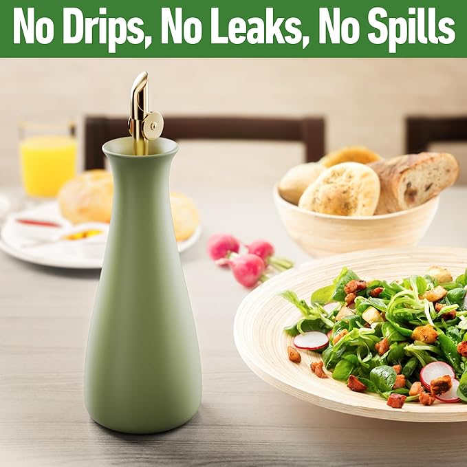 Ceramic Olive Oil Dispenser with Self-Closing Gold Spout - 530 ML Capacity Matte Green Ceramic Oil Dispenser for Kitchen - Leak Proof EVOO Dispensing Bottle - Stylish, Ergonomic, Durable, Easy Pour