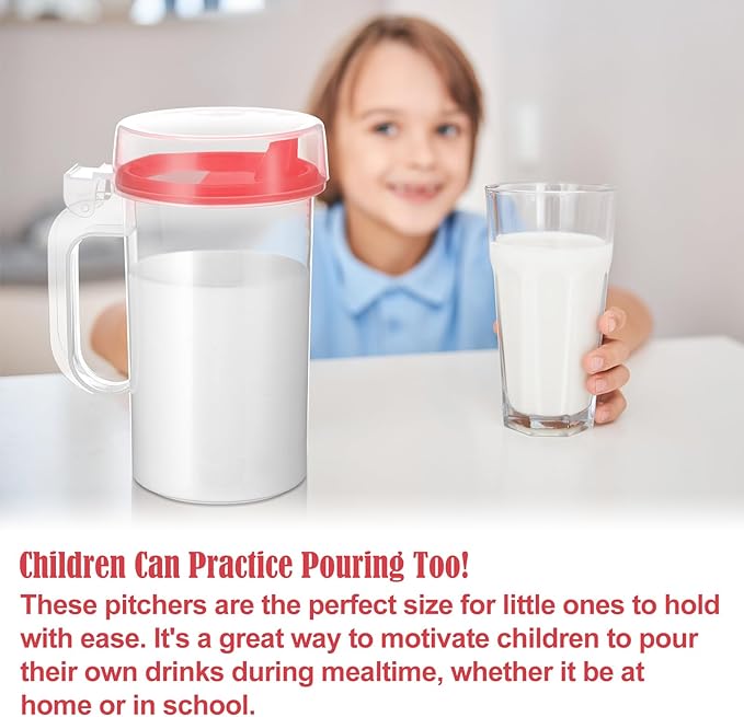6 Pack Early Learning Kids Easy Pouring Mini Pitchers Clear Plastic Pitcher with Lid and Handle Easy Pour Bottles 16 Oz. Jugs with Lids for Classroom Nursery Home (Red)