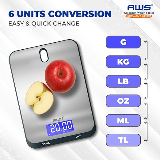 AWS Culinarian Digital Kitchen Cooking Baking Food Scale 22lb x 0.1oz | Stainless Steel with Tare, Touch Buttons, Water-Resistant Surface | Milk/Water mL Mode, Thin Design & Backlit Display