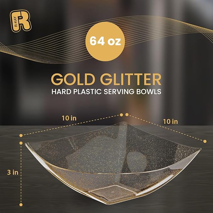 R-kay 6 Pack Plastic Serving Bowls - 64 OZ Gold Glitter Bowls - Salad Bowls Large Serving - Premium Heavy Duty For Weddings Catering And Birthday parties