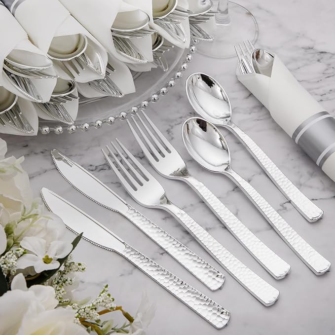 Supernal 60 Pack Pre-Rolled Silver Plastic Cutlery Heavy Duty Wrapped Silverware Disposable Premium Silver Plastic Silverware Forks and Spoons for Valentine's Day Mother's Day and Easter