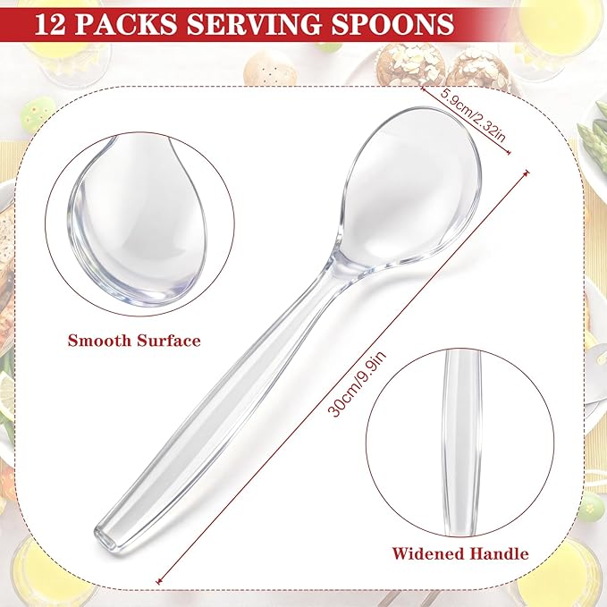 Mwellewm 10" Serving Spoons for Buffet Parties Plastic Serving Utensils 12 Packs Disposable Spoons for Buffet Large Heavy Duty Clear Plastic Soup Spoons Catering Supplies for Wedding Gathering Holiday