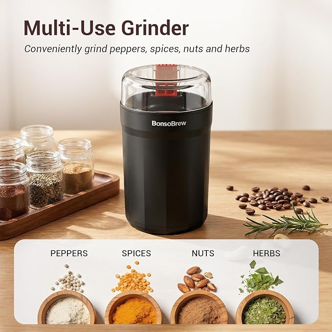 Electric Coffee Grinder, 180W Coffee and Spice Grinder for Coffee Beans, Herbs, Grains, Seeds - One Touch Safety Lid with Stainless Steel Blades - 2.5oz Capacity Includes Cleaning Brush