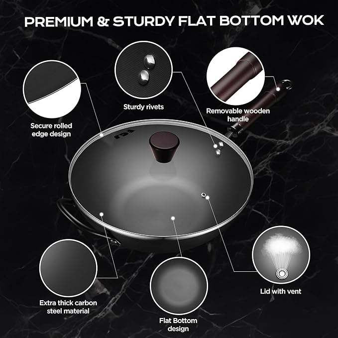 FGJ 13 Inch Wok and 12 Inch Sikllet, Cookware Set, Carbon Steel Woks &Stir-fry Pans Nonstick and Frying Pan, Pre-Seasoned 5.8QT Flat Bottom Chinese Paella Pan, Compatible with All Cooktops
