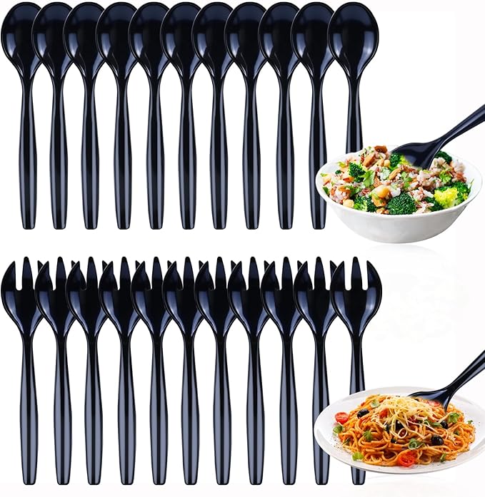 20Pcs Black Plastic Serving Spoons and Forks 10'' Large Serving Utensils Heavy Duty Disposable Spoon for Catering Supplies Buffet Restaurant Party, Weddings, Salad Noodles