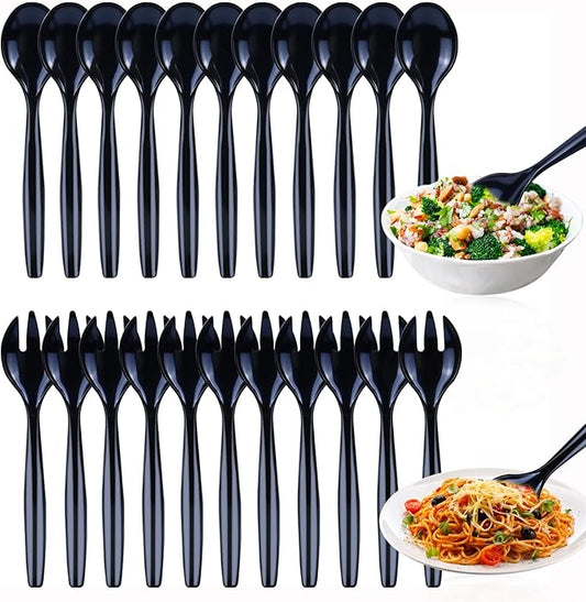 20Pcs Black Plastic Serving Spoons and Forks 10'' Large Serving Utensils Heavy Duty Disposable Spoon for Catering Supplies Buffet Restaurant Party, Weddings, Salad Noodles