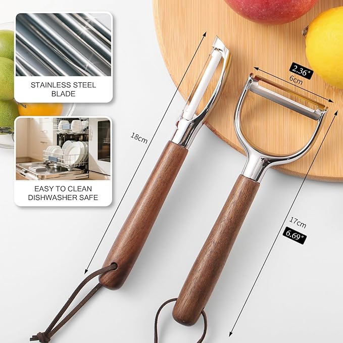 2-Piece Swivel Vegetable Fruit potato peelers Set - Straight + U-Shaped Blades with Solid Walnut Non-Slip Handles, Easy Peeling (Apples, Pears, Potatoes, Carrots, Cucumbers), Kitchen Tool Kit