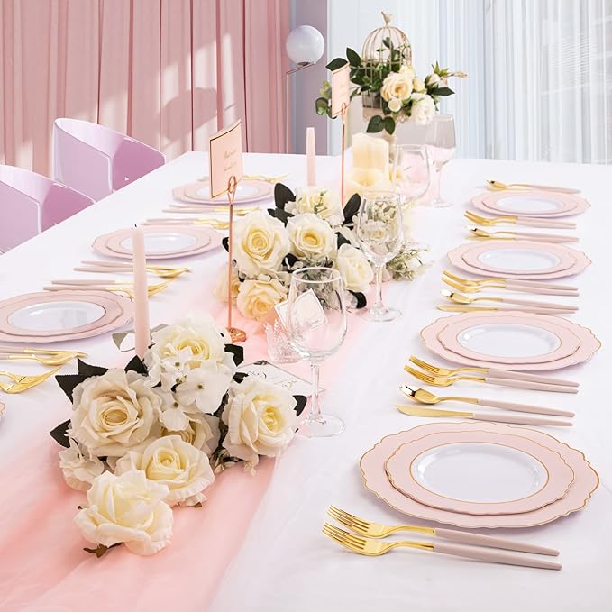 Rubtlamp 90Pcs Gold Plastic Silverware, Fancy Easter Utensils Set With Pink Handles Include 30 Gold Knives, 60Plastic Forks and Spoons, Pink Silverware Heavy Duty For Mother's Day