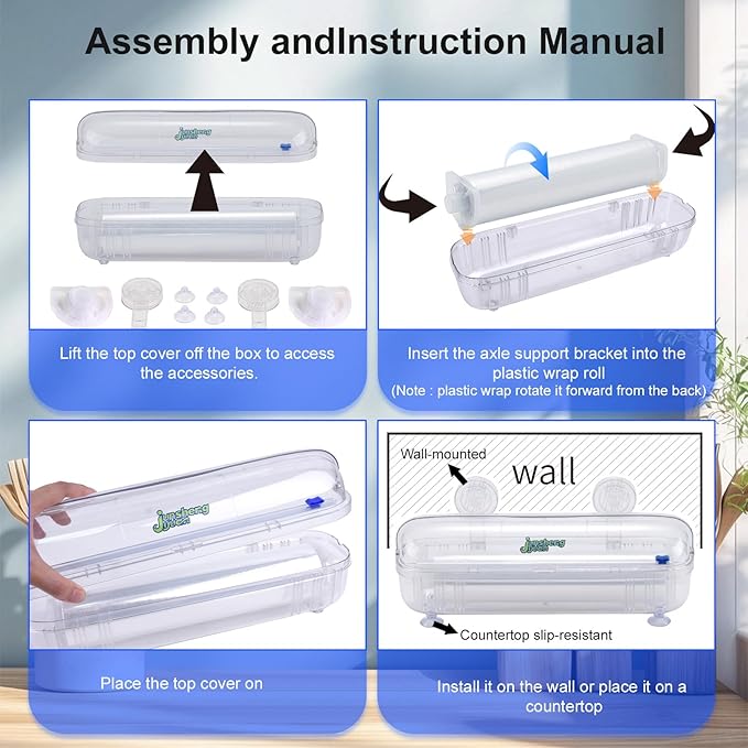 Kitchen Food Preservation Storage Set Reusable Dispenser - Nail-Free Wall Mounting/Countertop Use Cutting Box - Includes 1 Roll of Food-Grade PE Plastic Wrap 12 inch x 492 ft