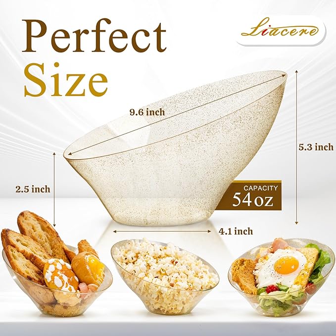 Liacere 16PCS Gold Plastic Serving Bowls - 54 OZ Angled Table Salad and Fruit Bowls Disposable for Chip & Candy - Ideal for Party & New Year