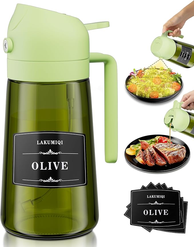 2 in 1 Oil Sprayer for Cooking, 16oz Olive Oil Dispenser Bottle for Kitchen, Food Grade Light-Blocking Leak Proof Glass Spray Bottle for Salad, Air Fryer, BBQ