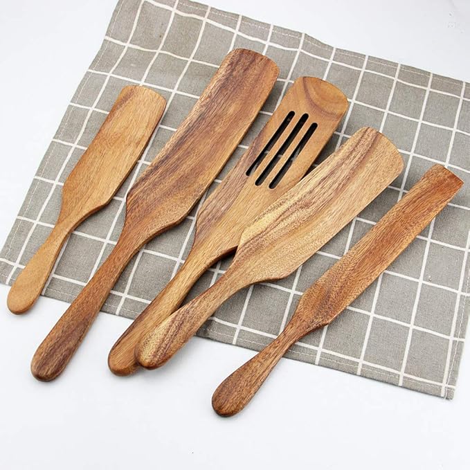 Wooden Spurtle Set As Seen On TV, AOOSY 5 Pcs Natural Acacia Wood Spatula Kitchen Tools Utensil Set Heat Resistant Non Stick Wood Cookware, Slotted Spatula for Stirring