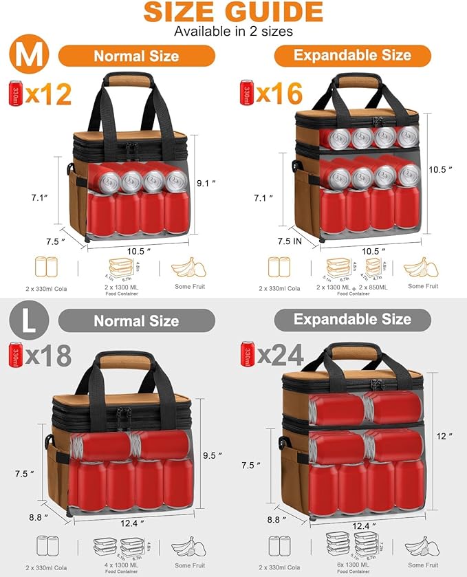 Lunch Box For Men Women Double Deck Insulated Lunch Bag For Men Woman Leakproof Expandable Cooler Bag with Adjustable Shoulder Strap for Work Shool Picnic(Brown,Medium)