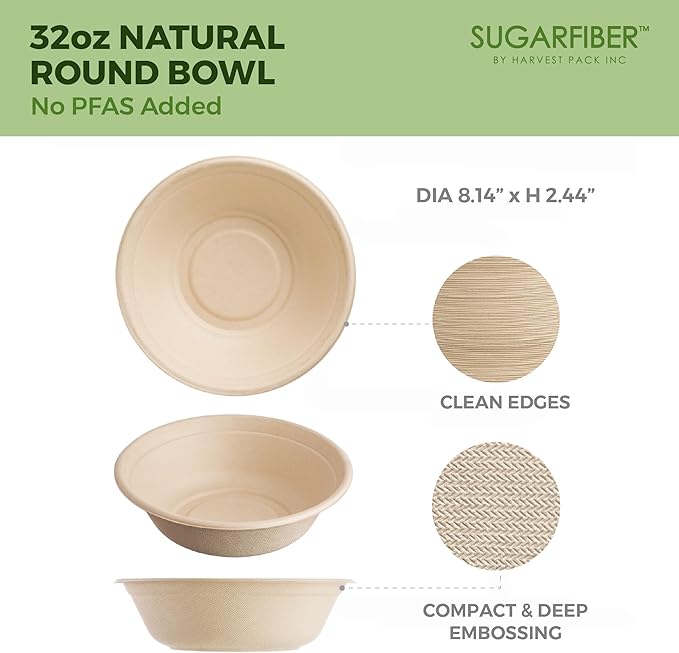 [50 COUNT]Harvest Pack PFAS FREE 32oz Paper Compostable Bowls Only, Round Heavy-Duty Eco-Friendly Disposable Bagasse Large Soup Bowls, sugarcane made for Meal Prep Takeout Dinnerware, Microwave Safe