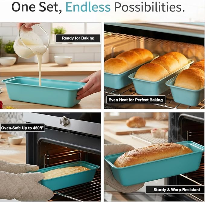 3-Pack 13x5 Nonstick Loaf Pan, 450°F Oven Safe Carbon Steel Bread Pans for Easy Release & Quick Clean, Ideal for Home Bakers Baking Banana Bread, Meatloaf, Cake & Sourdough