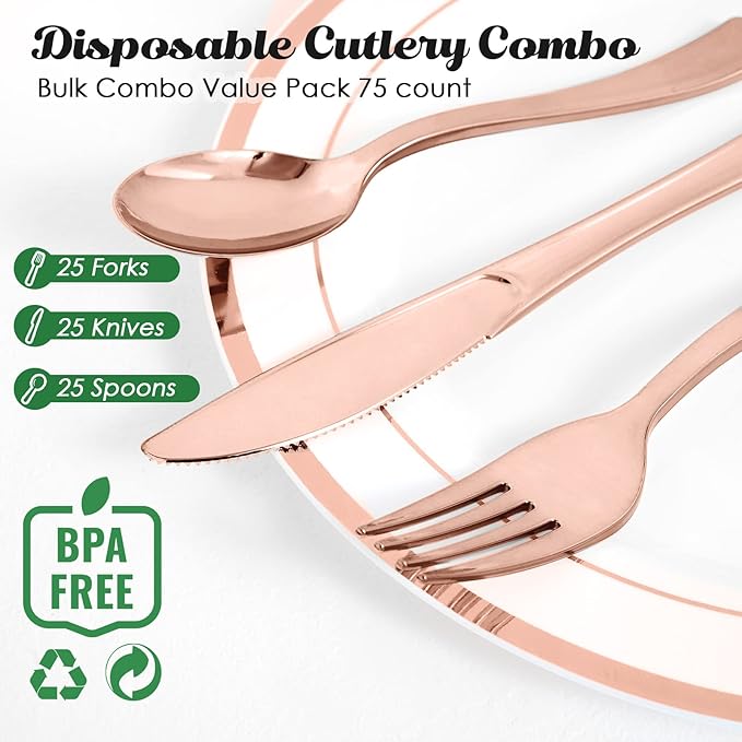 FOCUSLINE 75 Pack Rose Gold Plastic Silverware Disposable Cutlery Set - 25 Forks Knives Spoons - Disposable Flatware Heavy Duty Plastic Utensils Set for Catering, Parties, Dinners, Weddings
