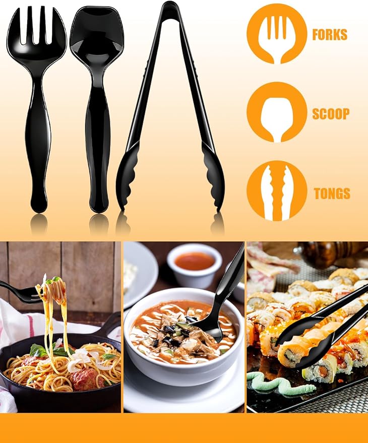 30PCS Disposable Plastic Serving Utensils for Parties, Buffet Serving Utensils Set-10 Black Plastic Serving Spoons, 10 Tongs and 10 Forks for Catering, Entertaining and Parties