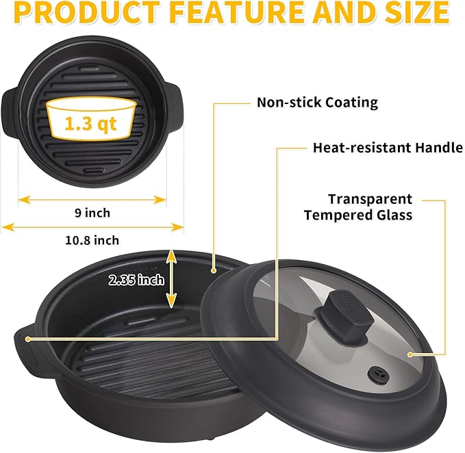 Microwave Grill Pan, Fry Griddle Crisper Pan with Lid for Grilling Browning and Crisping Foods Microwave Silicone Cookware for Baked Potato Meat Sandwich Vegetable Dark Grey