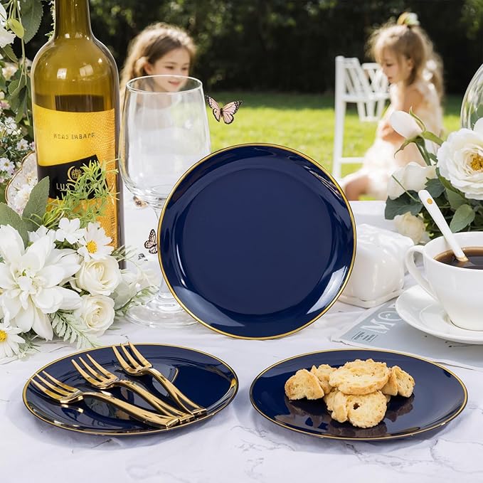 Festiva 200Pcs Navy Blue Gold Dessert Plates 6.3" with Plastic Forks 5"- Small Disposable Plates- Dessert/Cake/Appetizer Plastic Plates include 100Plates 100Forks for Birthday Party & Ramadan