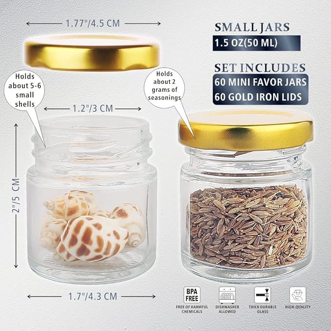 Folinstall 60 Pack Small Glass Jars with Lids, 1.5 oz Mini Honey Jars, Candle Jar for Candle Making for Gifts, Crafts, Spices, Wedding, Party Favors