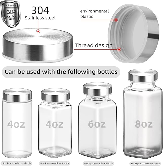 48Pcs 304 Stainless steel Jar Lids for 4 oz and 6 oz Square Spice Jars Reusable Can Airtight Spice Storage Canning Lids for Nice Sealing Kitchen (48)