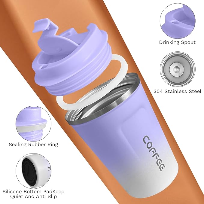 Travel Coffee Mug Leak-Proof, Reusable Coffee Cups with Lid, Stainless Steel Vacuum Insulated Coffee Tumblers, Thermal Insulation Cup for Men & Women Hot & Cold Drinks(2nd-Purple White, 12OZ)