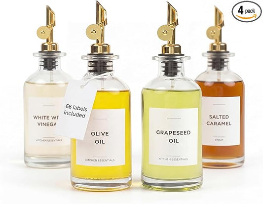 Oil Dispenser for Kitchen - Glass Olive Oil Bottle Set of 4 (11.8oz) with Gold Weighted Self-Closing Pourer - Cooking Oil Dispenser with 66 Labels, Aligner & Funnel