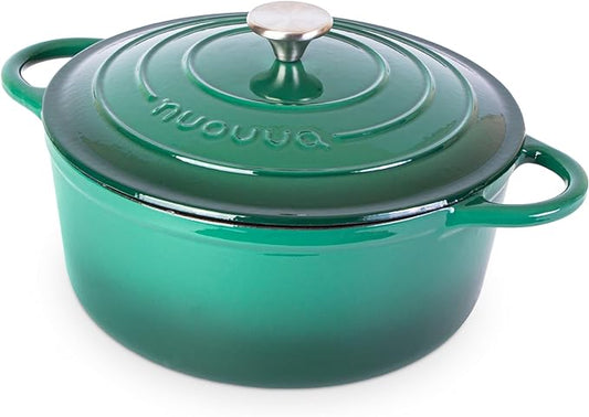 Nuovva Enamelled Cast Iron Dutch Oven Pot with Lid – 6.4 Quart Non Stick Casserole Pot – Heavy Duty & Oven Safe up to 500° F for Bread Baking, Braising, Stews, Roasting – 28cm Dark Green
